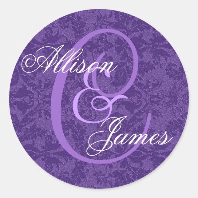 Royal Purple Damask Wedding Custom Monogram V01 Classic Round Sticker (Front)