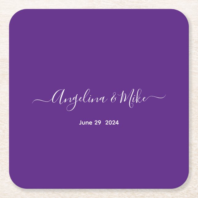 Royal purple - elegant script personalized square paper coaster (Front)