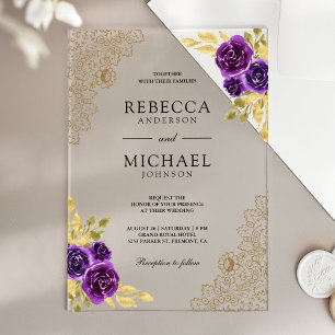 Royal Purple Floral Gold Lace Wedding Acrylic Invitations