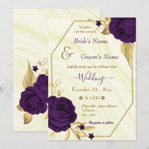 royal purple flowers gold geometric wedding invitation