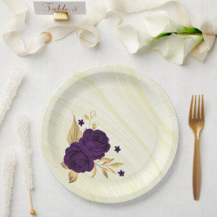 royal purple flowers gold leaves marble paper plate