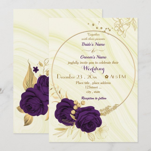 royal purple flowers gold wreath wedding invitation (Front/Back)