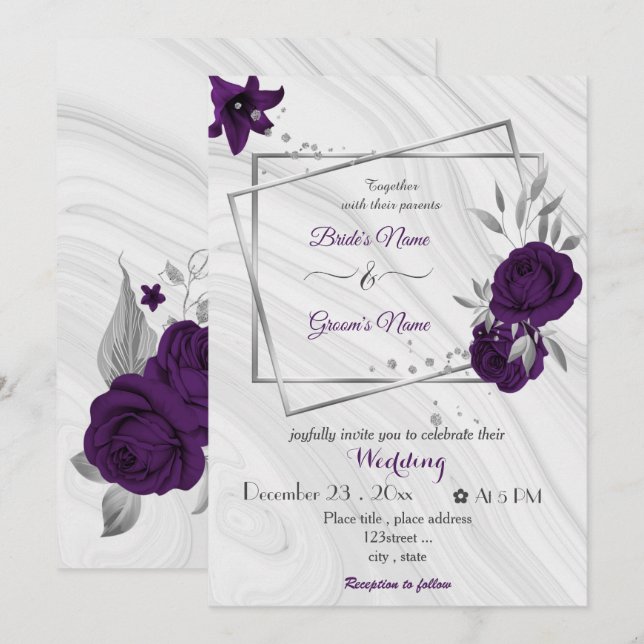 royal purple flowers silver geometric wedding invitation (Front/Back)