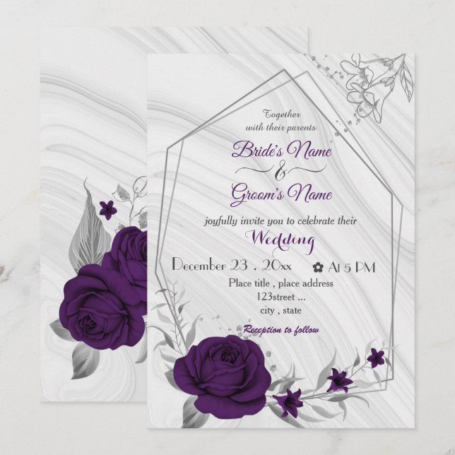 royal purple flowers silver geometric wedding invitation (Front/Back)