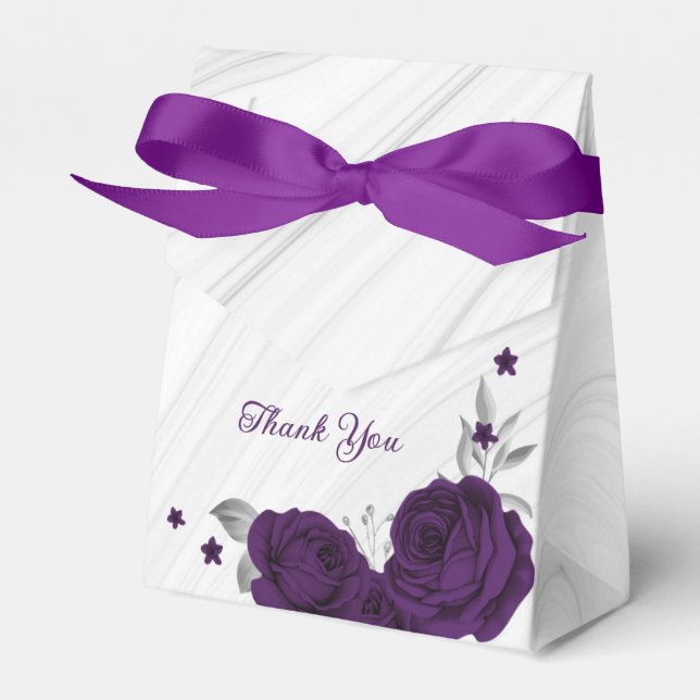 royal purple flowers silver leaves marble favor box (Front Side)