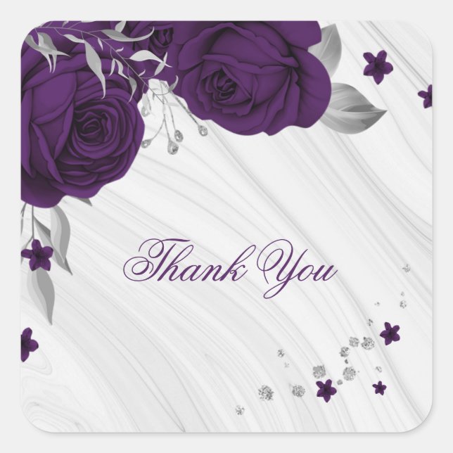 royal purple flowers silver leaves marble square sticker (Front)