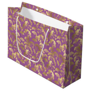 Royal Purple Ginkgo Leaf Luxury Gold Pattern Large Gift Bag