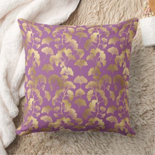 Royal Purple Ginkgo Leaf Luxury Gold Pattern Throw Pillow