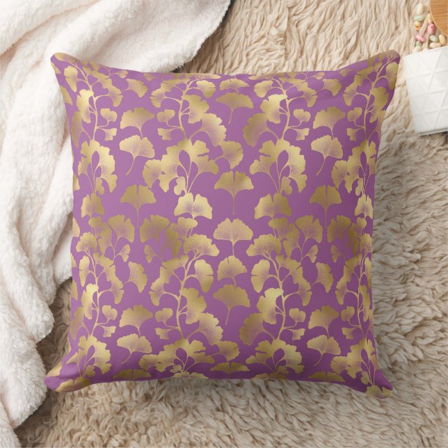Royal Purple Ginkgo Leaf Luxury Gold Pattern Throw Pillow (Blanket)