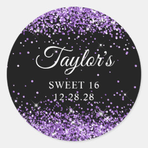 Royal Purple Glitter Black Sweet 16 Classic Round Sticker
