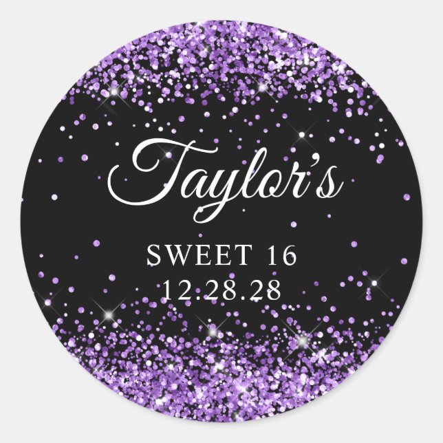 Royal Purple Glitter Black Sweet 16 Classic Round Sticker (Front)