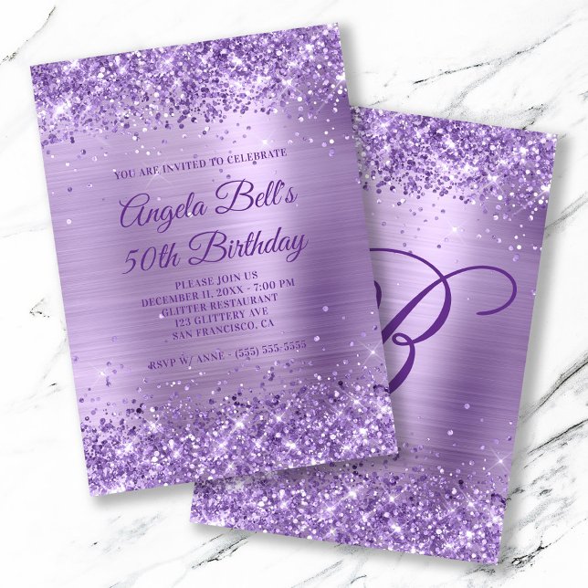 Royal Purple Glitter Brushed Foil 50th Birthday Invitation (Monogrammed Birthday 5x7 Invite)