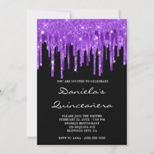 Royal Purple Glitter Foil Drips Black Quinceañera Invitation