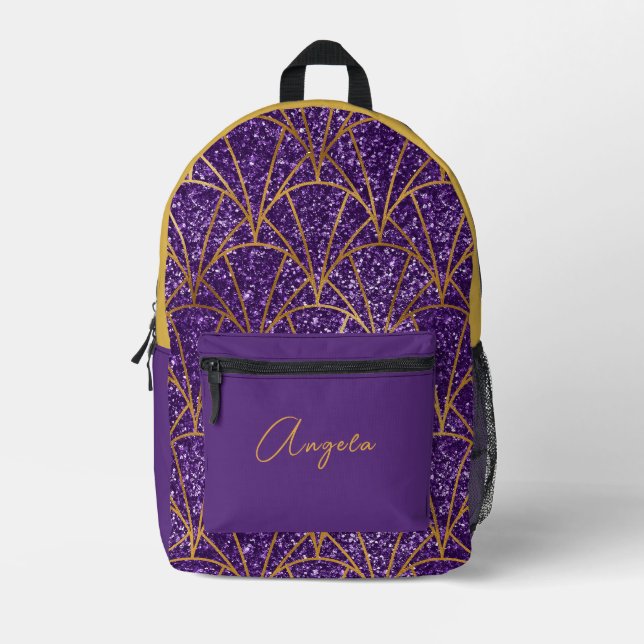 Royal Purple Glitter Gold Geometric Deco Name Printed Backpack (Front)