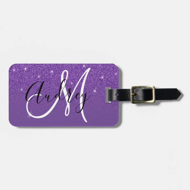 Royal Purple Glitter Ombre Personalized Monogram Luggage Tag (Front Horizontal)
