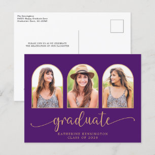 Royal Purple Gold Arch 3 Photo Graduation Announcement Postcard