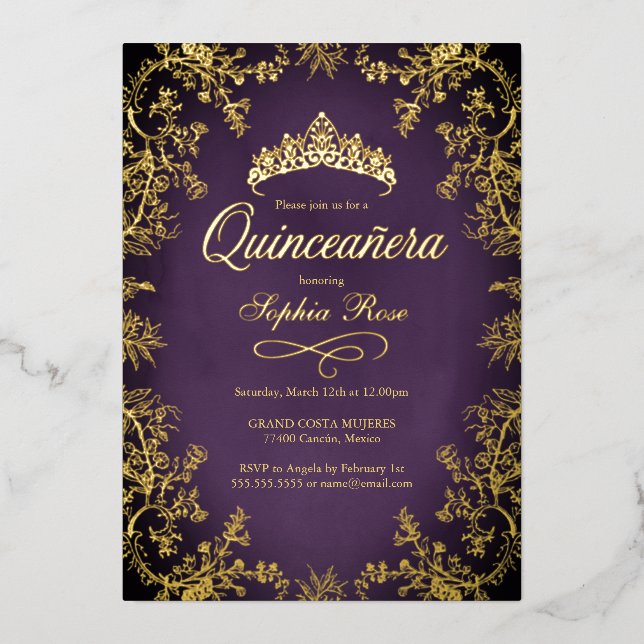 Royal Purple Gold Crown Floral Quinceanera  (Front)