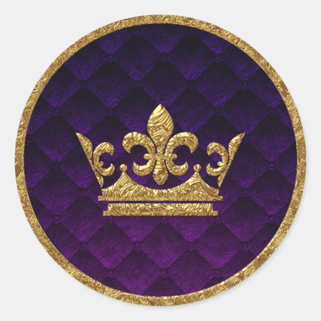 Royal Purple & Gold Crown Storybook Wedding Favour Classic Round Sticker (Front)