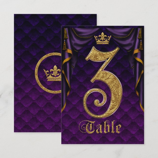 Royal Purple Gold Crown Wedding Table Number 3 (Front/Back)