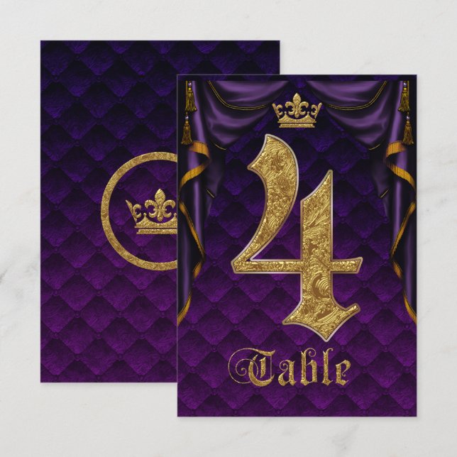 Royal Purple Gold Crown Wedding Table Number 4 (Front/Back)