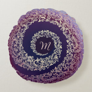 Royal Purple & Gold Damask Monogram Round Pillow