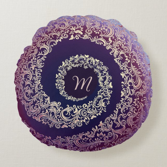 Royal Purple & Gold Damask Monogram Round Pillow (Front)