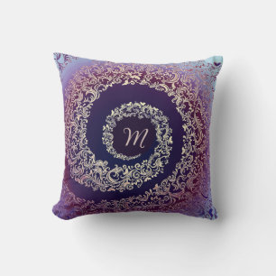 Royal Purple & Gold Damask Monogram Throw Pillow
