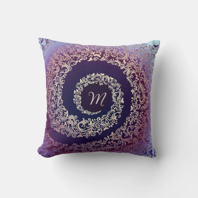 Royal Purple & Gold Damask Monogram Throw Pillow (Front)