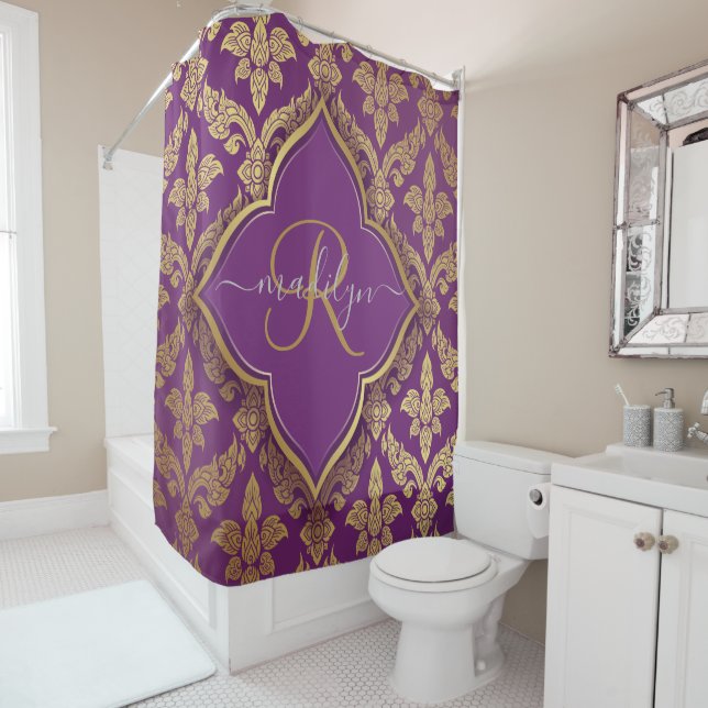 Royal Purple Gold Damask Pattern Fleur Monogram (In Situ)
