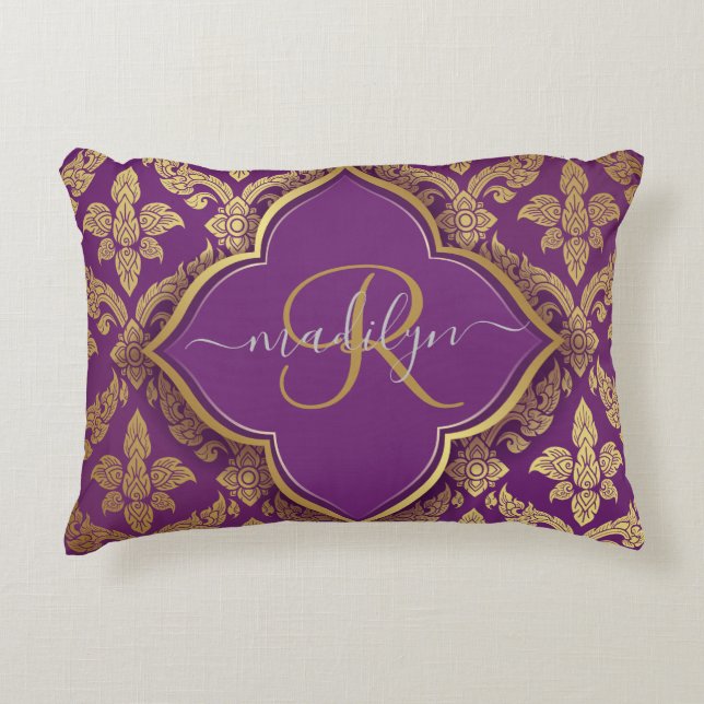 Royal Purple Gold Damask Pattern Fleur Monogram  Accent Pillow (Front)