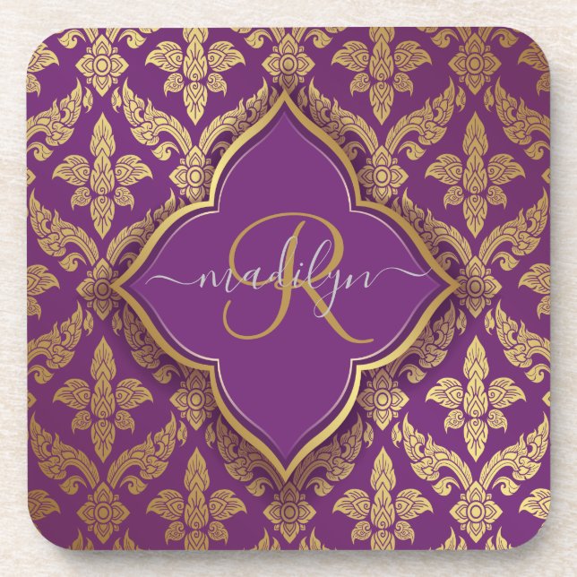 Royal Purple Gold Damask Pattern Fleur Monogram Coaster (Front)