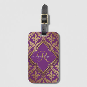 Royal Purple Gold Damask Pattern Fleur Monogram Luggage Tag