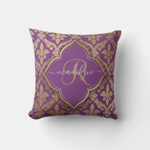 Royal Purple Gold Damask Pattern Fleur Monogram Outdoor Pillow