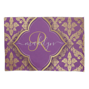 Royal Purple Gold Damask Pattern Fleur Monogram Pillowcase