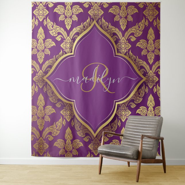 Royal Purple Gold Damask Pattern Fleur Monogram Tapestry (In Situ)