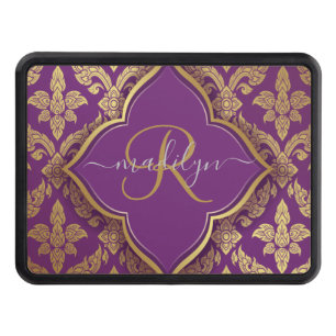 Royal Purple Gold Damask Pattern Fleur Monogram Trailer Hitch Cover