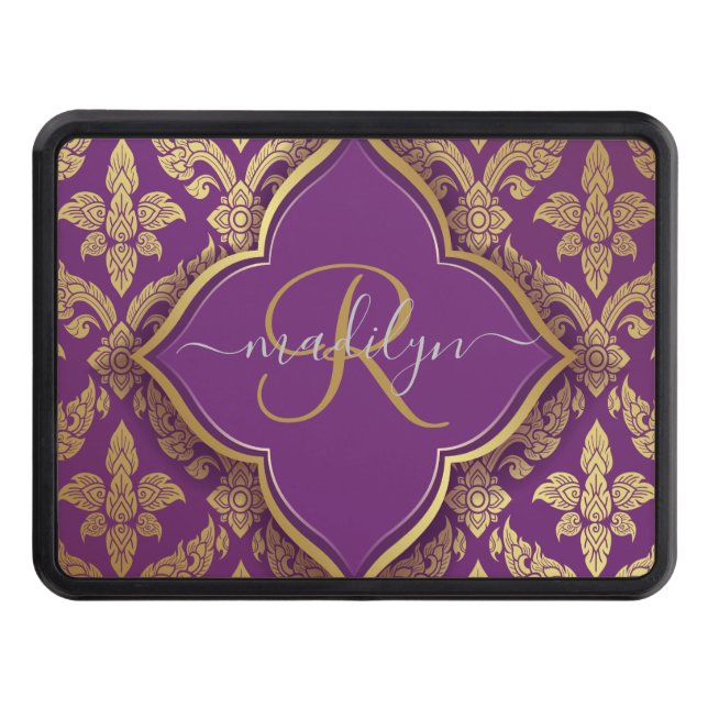 Royal Purple Gold Damask Pattern Fleur Monogram Trailer Hitch Cover (Front)