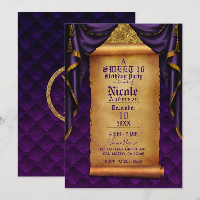 Royal Purple & Gold Drapes Scroll Birthday Party Invitation (Front/Back)