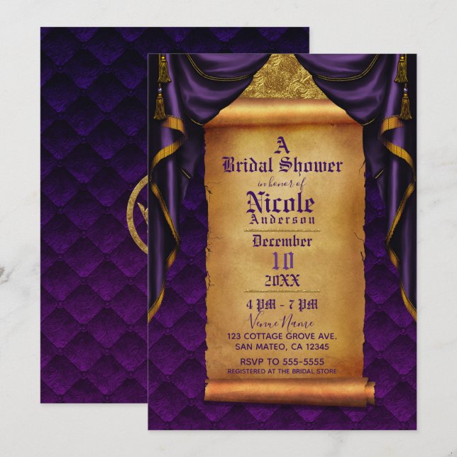 Royal Purple & Gold Drapes Scroll Bridal Shower Invitation (Front/Back)