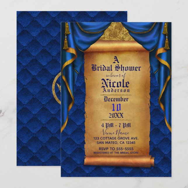 Royal Purple & Gold Drapes Scroll Bridal Shower Invitation (Front/Back)