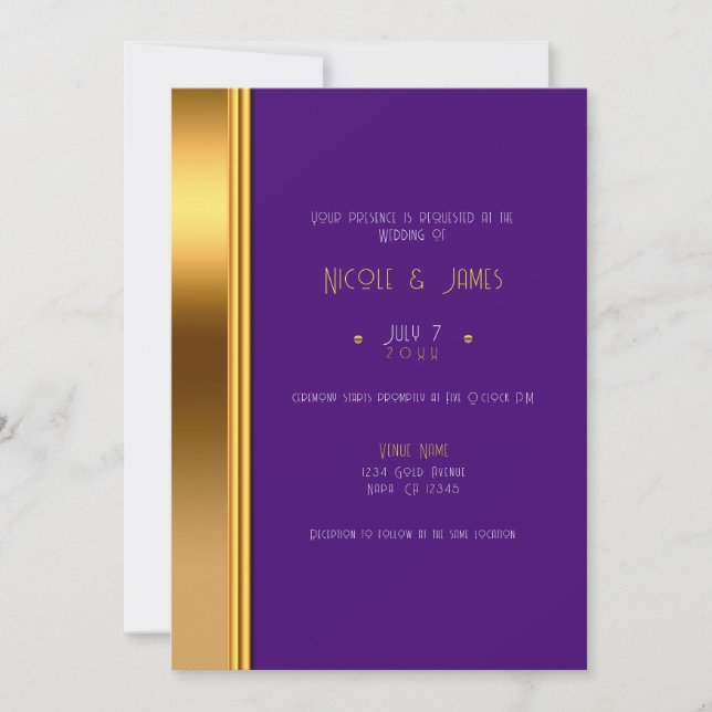 Royal Purple & Gold Elegant Glam Wedding    Invitation (Front)