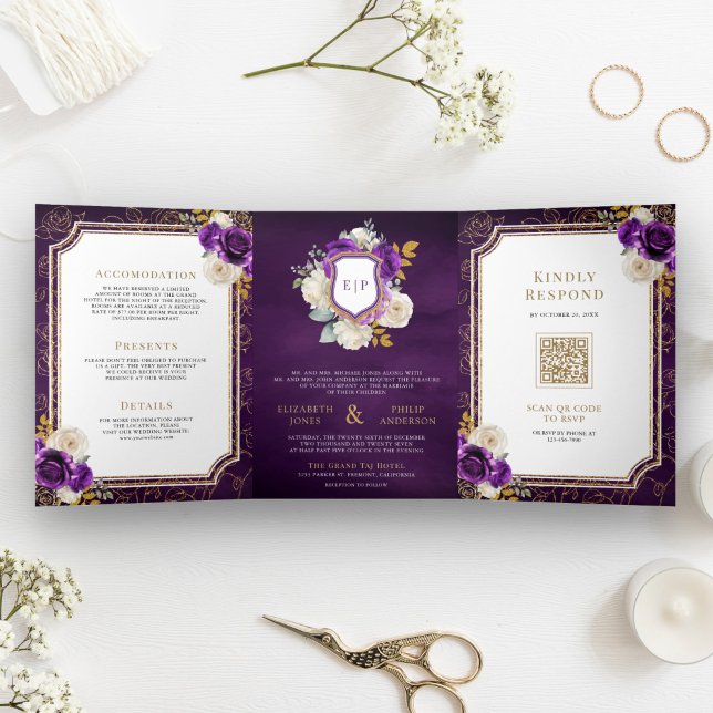 Royal Purple Gold Floral All in One Crest Wedding Tri-Fold Invitation (Creator Uploaded)