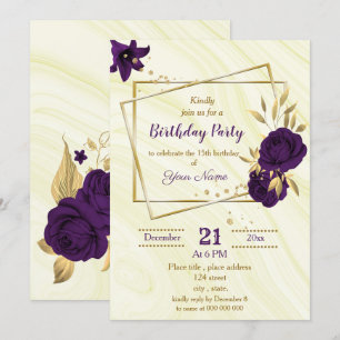 royal purple gold floral geometric birthday party invitation