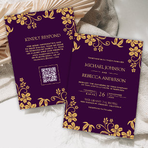 Royal Purple Gold Floral Leaves QR Code Wedding Invitation