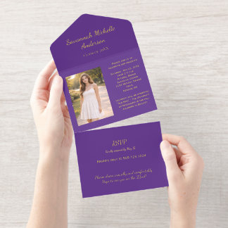 Royal Purple Gold Foil Photo Graduation All In One Invitation