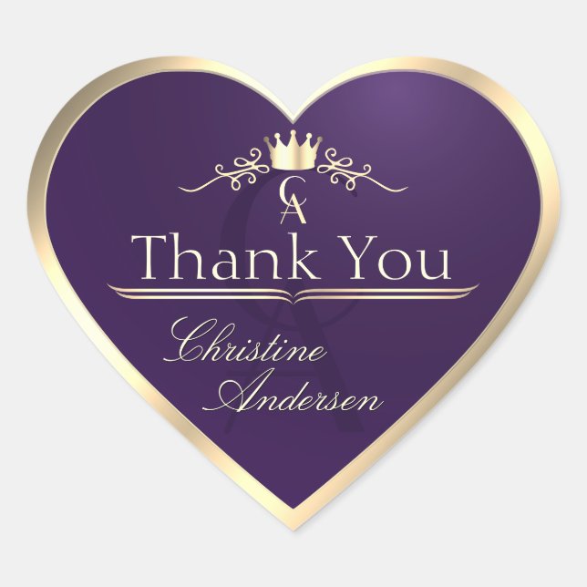 Royal Purple Gold Frame with Monogram Thank You Heart Sticker (Front)