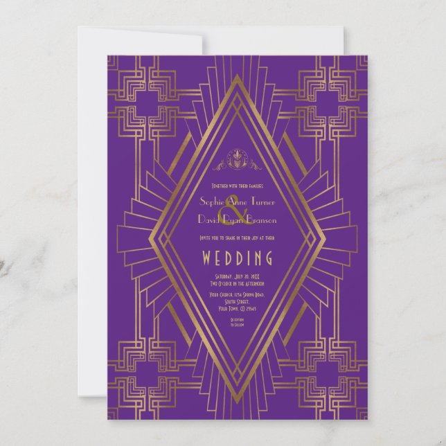 Royal Purple Gold Great Gatsby Wedding Invitation (Front)