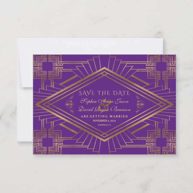 Royal Purple Gold Great Gatsby Wedding Save The Date (Front)