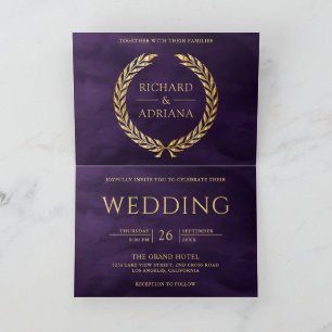Royal Purple Gold Laurel Minimal QR Code Wedding Invitation