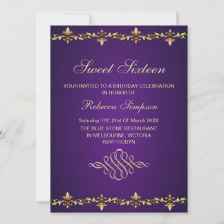 Royal Purple & Gold Leaf Birthday Invitation